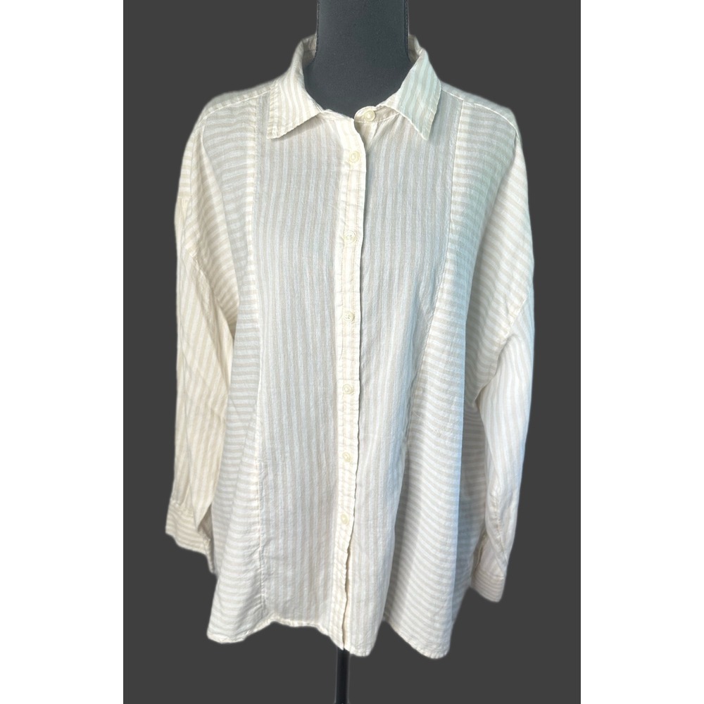 Elizabeth & James 100% Cotton Tan & White Stripe Button Down Shirt XXL Oversized
